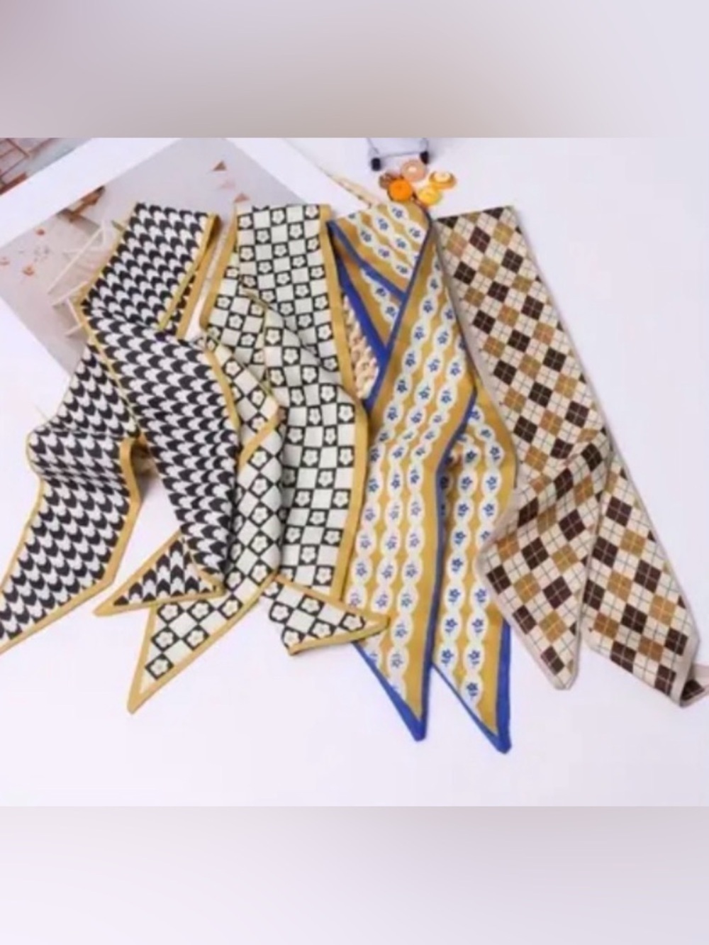 NWT Retro Skinny Scarf Set • French Girl Twilly Bundle • Mod Floral & Argyle - Picture 5 of 6